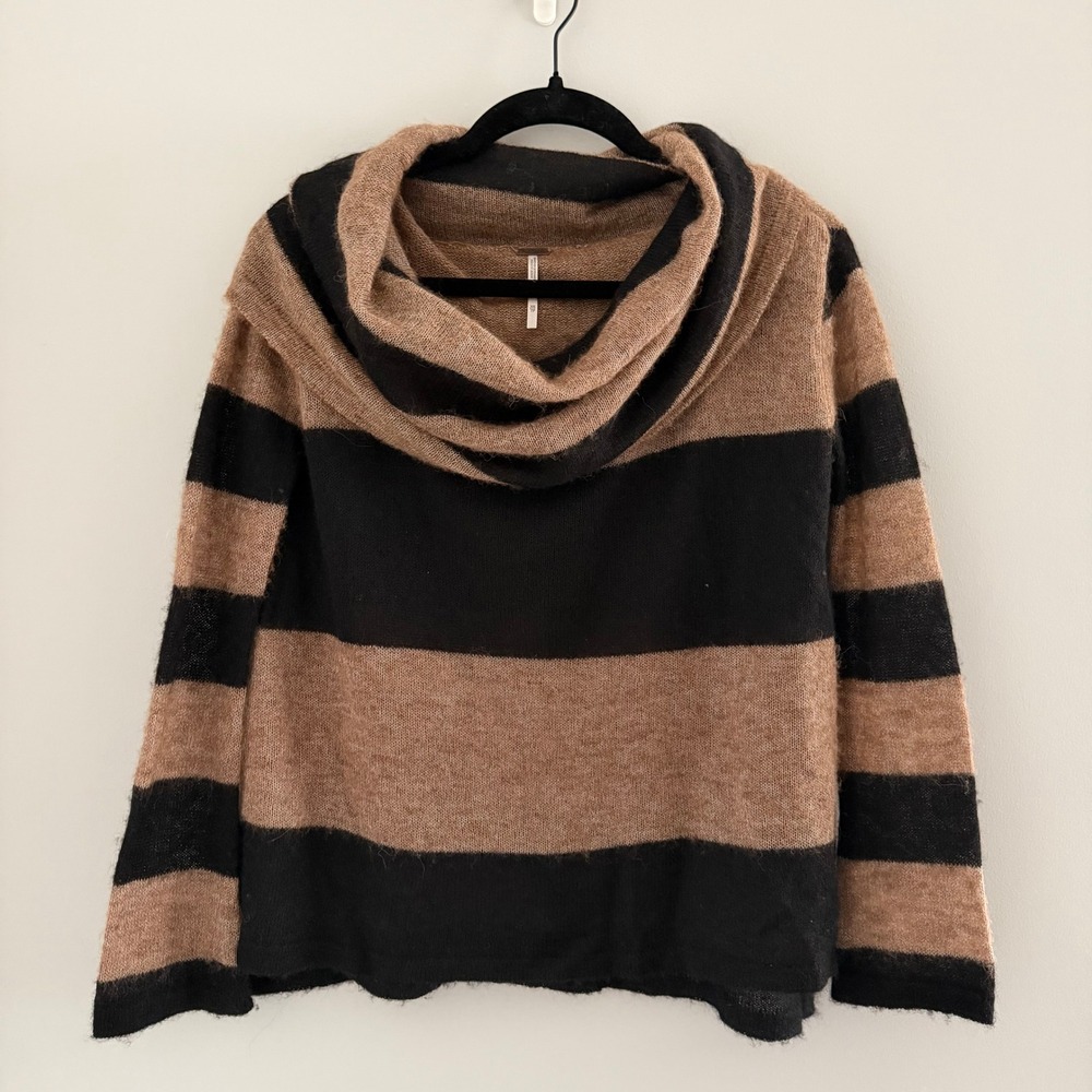 Free People Striped Alpaca Blend Cowl Neck Sweater Camel Black XS Slouchy Fall
